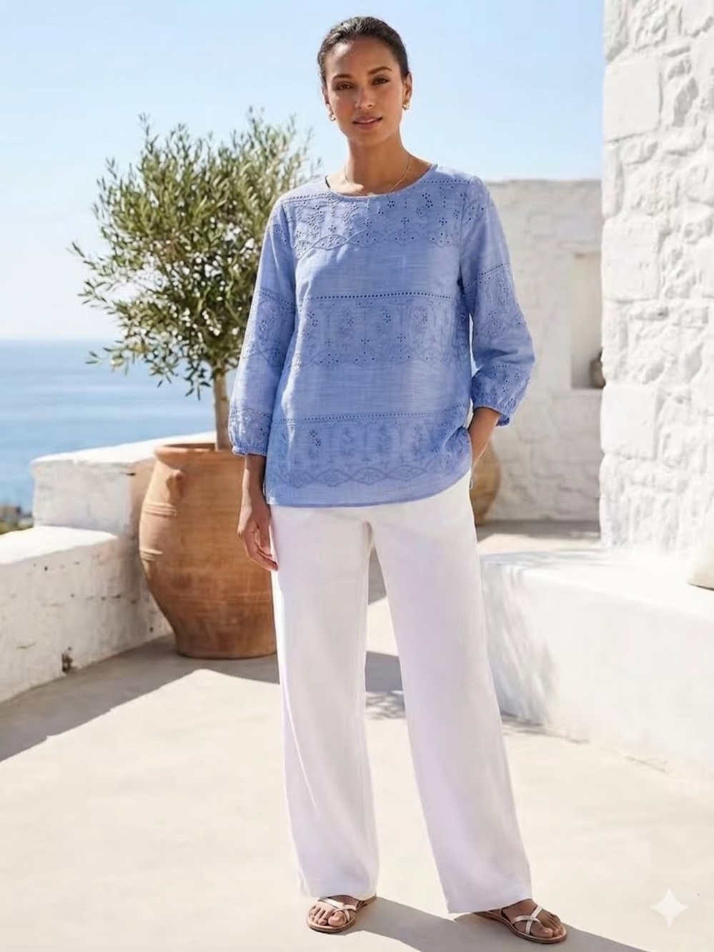 Blue Talbots Embroidered Women's Top Lightweight Boho/Peasant Style Blouse - Picture 1 of 6
